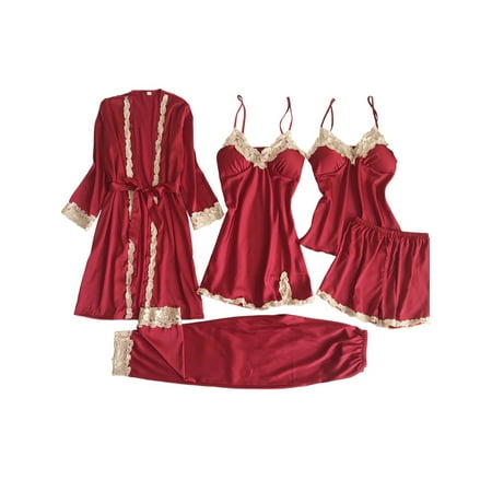 KVMeteor Women 5 Pcs Pajamas Set Silk Satin Imitation Sleeveless Lingerie Robe Lace Trim Sleepwear Set