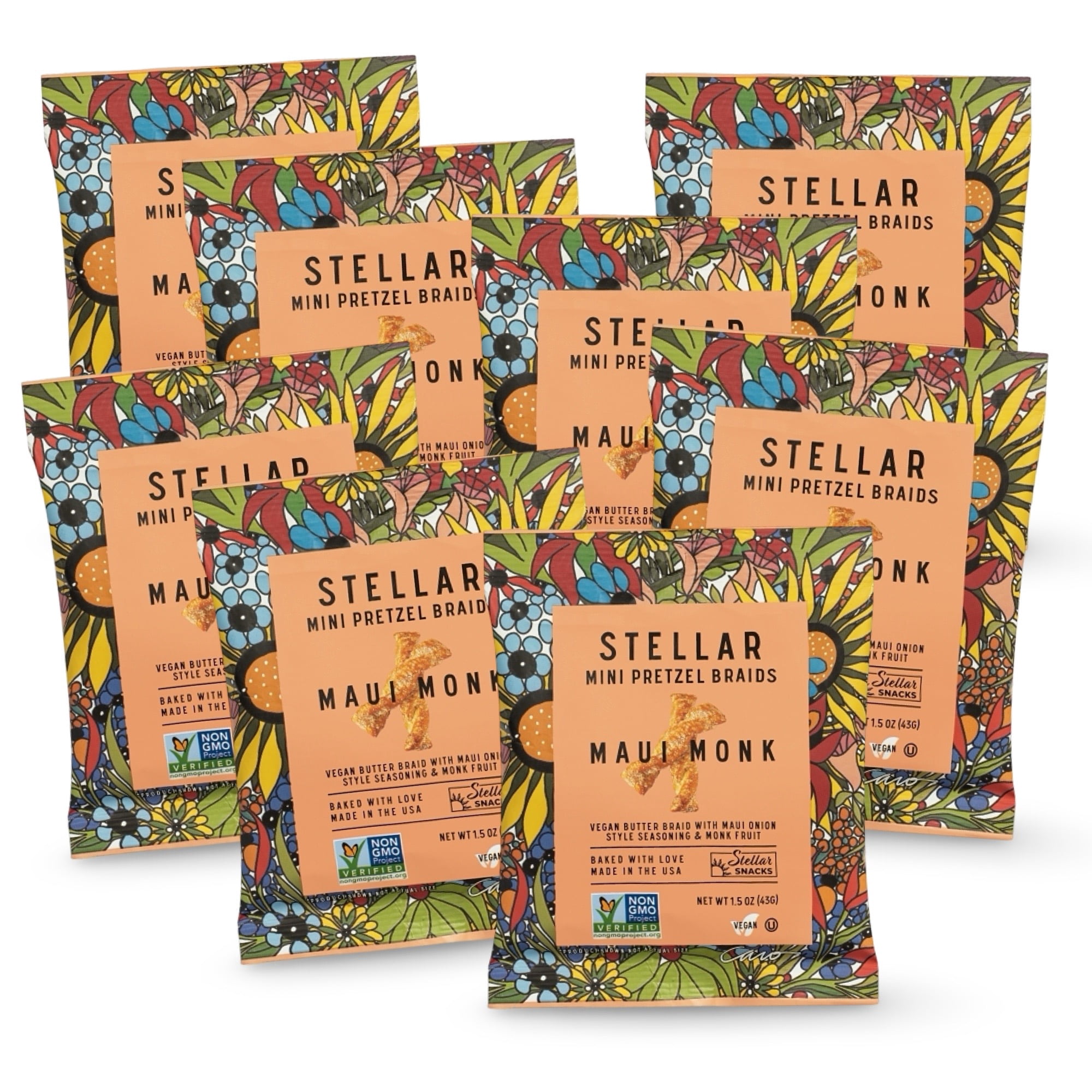 Stellar Pretzel Braids, Maui Monk Sweet Onion, 24 Mini Individual Bags (1.5 oz each) Vegan Pretzel Rods, Sticks