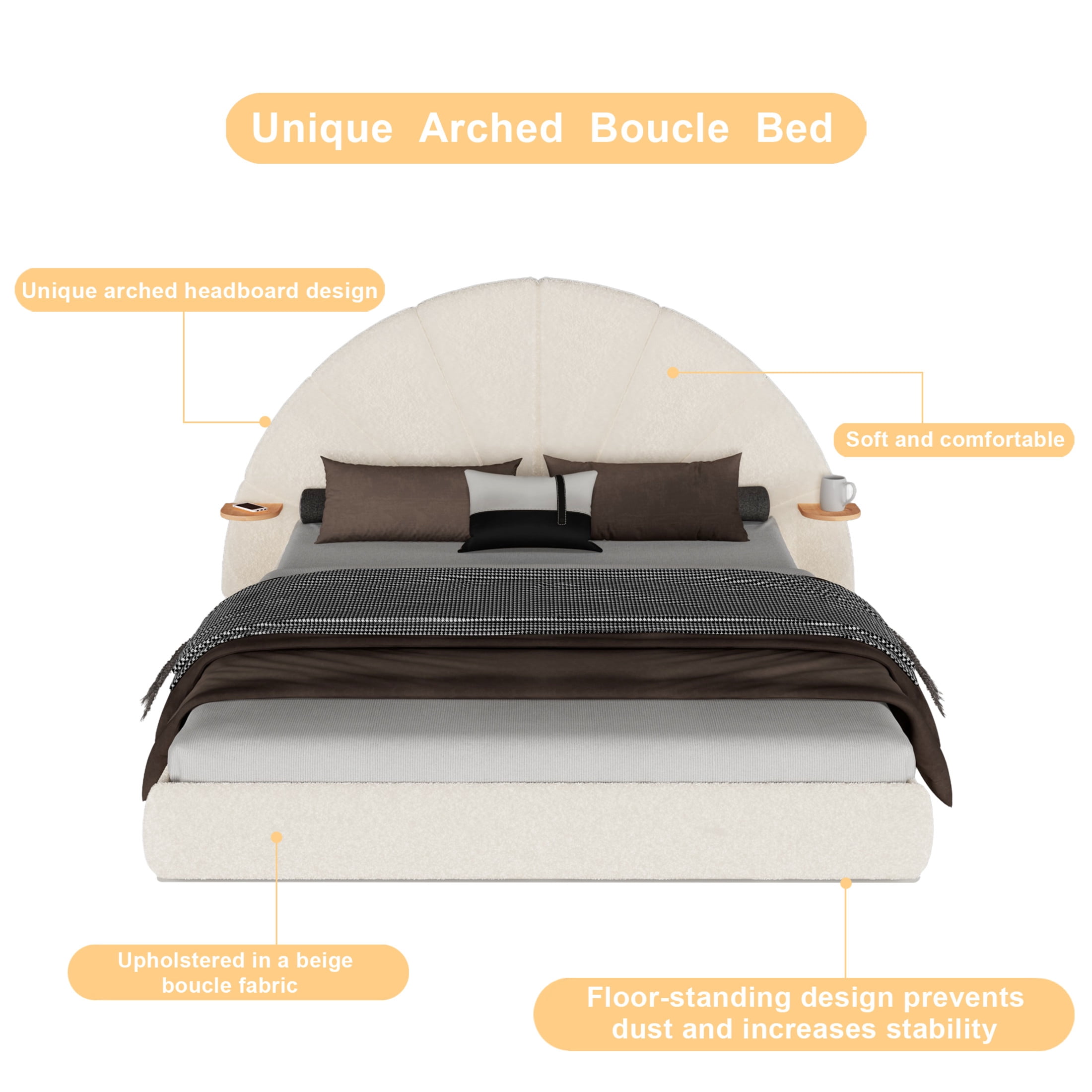 Christopher Knight Home Queen Boucle Upholstered Platform Bed with Arch Headboard, Built-in Side Table, Beige