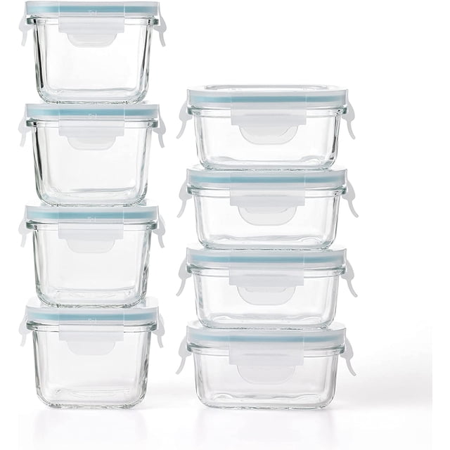 Mini Reusable 5 Ounce Rectangular and 7 Ounce Square Tempered Glass Food Storage Container Set for Fridge and Freezer, 8 Piece Set