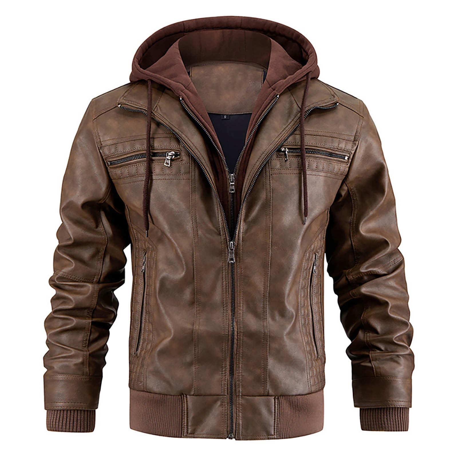 Tiweut PU Leather Jackets for Mens Mens Fall and Winter Long Sleeve Hooded Outdoor Style Coat Tops Brown,S