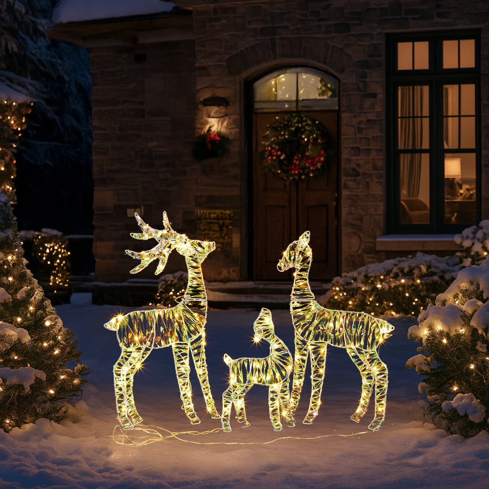 3pcs 2.4FT 2D Family Elk Iron Frame Courtyard Elk Decoration