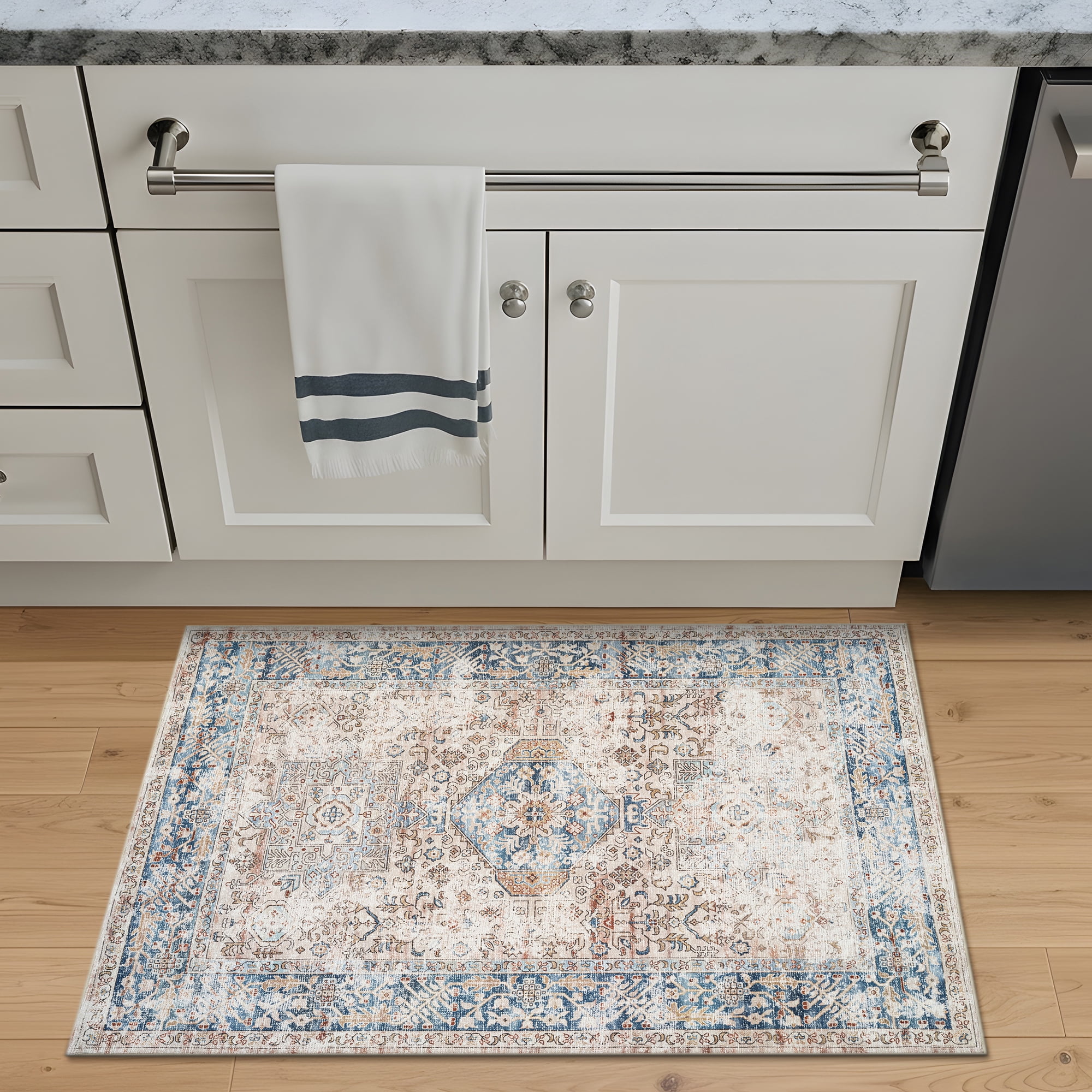 Bloom Rugs Washable Non-Slip 2x3 Rug - Beige / Ocean Blue Traditional Oriental Area Rug for Living Room, Bedroom, Dining Room, and Kitchen - Exact size: 2' x 3'