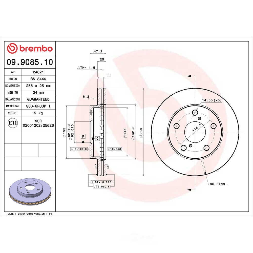 Brembo 09.9085.10 Disc Brake Rotor Fits select: 1991 TOYOTA MR2 SPORT ROOF, 1992-1994 TOYOTA MR2