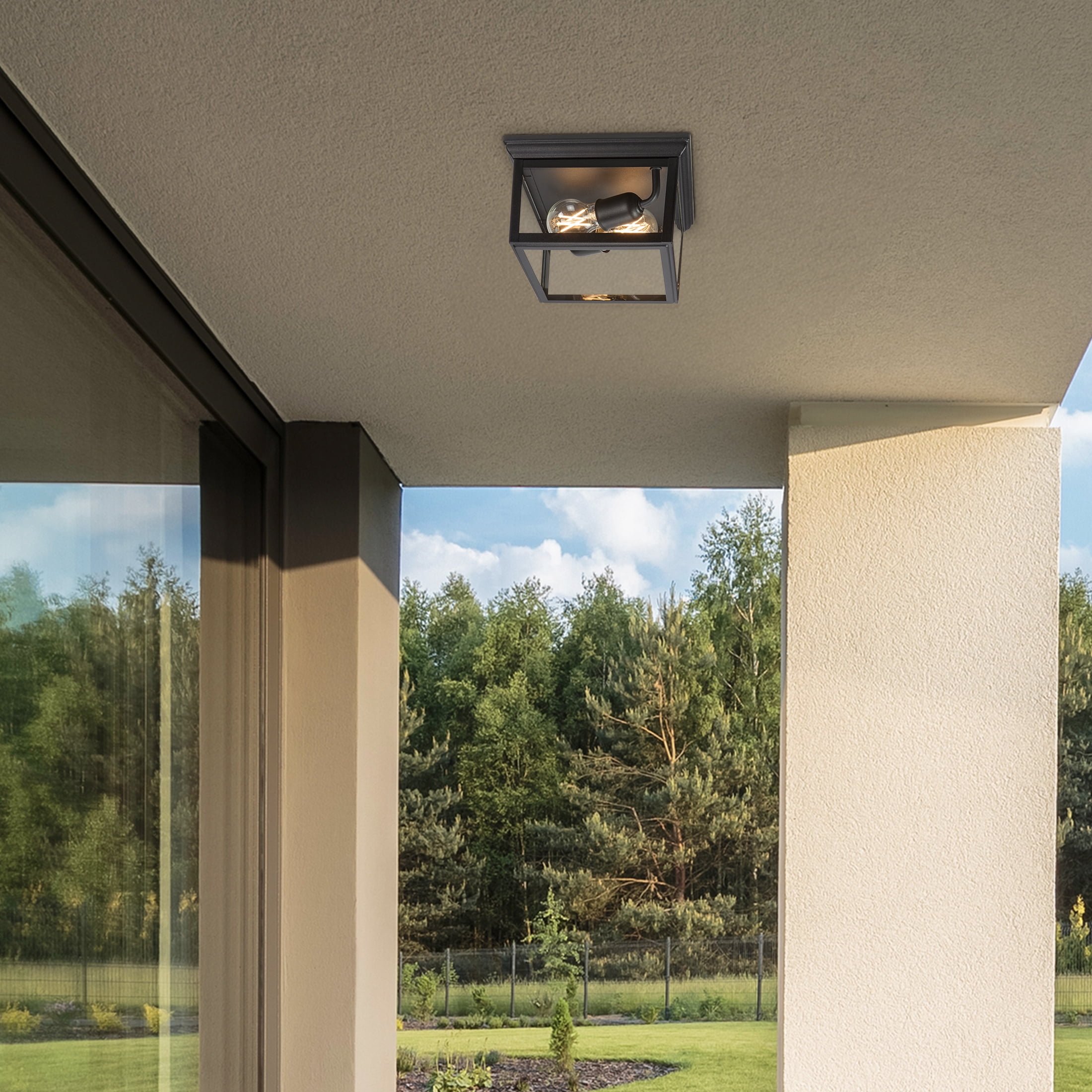Maxxima 9 in. Outdoor / Indoor Flush Mount Ceiling Light Fixture, Black Porch Light w/ Clear Glass, Bulbs Not Included
