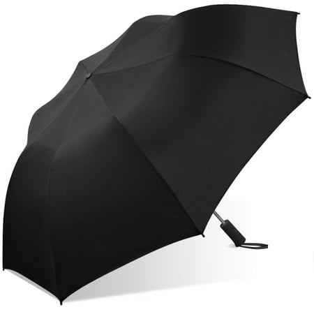 56 folding golf umbrella, black, with windproof frame design, rubber spray handle, and mesh carrying