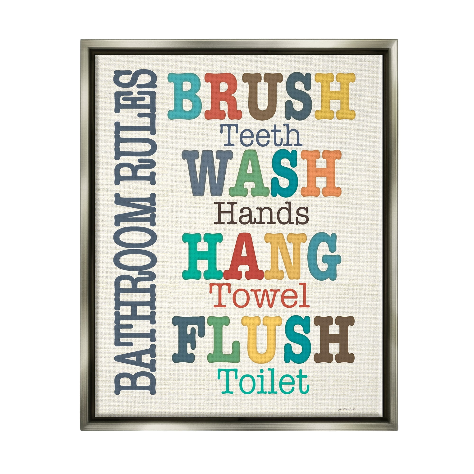 Stupell Industries Colorful Bathroom Rules List Luster Gray Framed Floating Canvas Wall Art, 16x20, by Jo Moulton