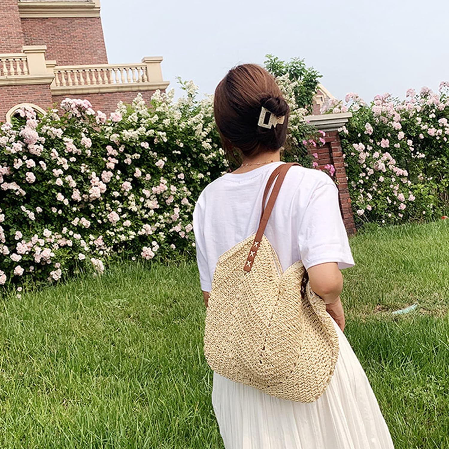 LinYooLi Women Straw Crochet Tote Bohemian Summer Beach Bag Large Handmade Shoulder Bag