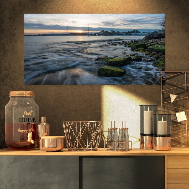 Vagues Blanches Frappant le Rivage Rocheux - Grande Impression sur Toile