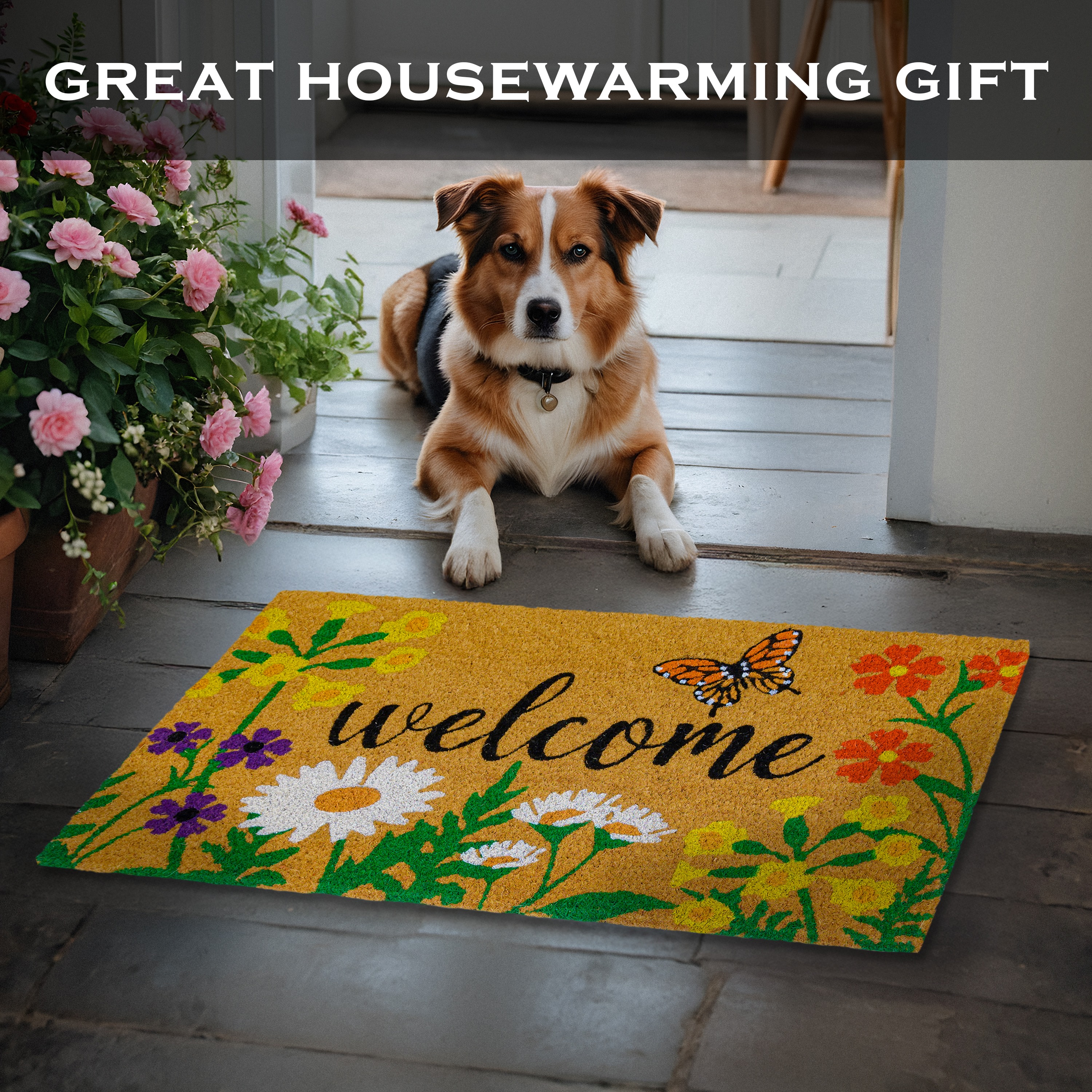 MAINEVENT Floral Coir Doormat 30x17 Inch, Spring Summer Outdoor Welcome Mat for Outside