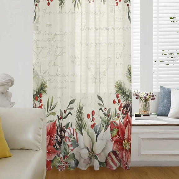 Christmas Poinsettia Semi Sheer Curtains Drapes for Living Room,Bedroom,French Doors Window 45 Inches Long,Xmas Floral Snowflake Winter Holiday Rod Pocket Chiffon Curtain Voile Drapery Panel
