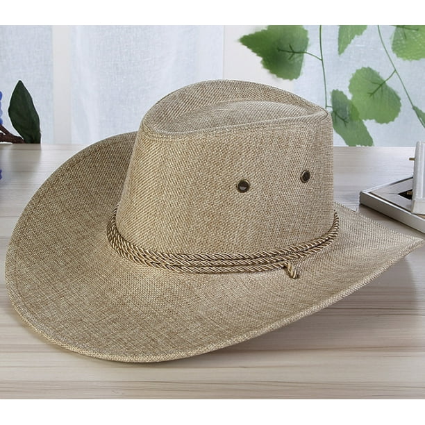 Kojooin Men Summer Cool Western Cowboy Hat Outdoor Wide Brim Hat Beige
