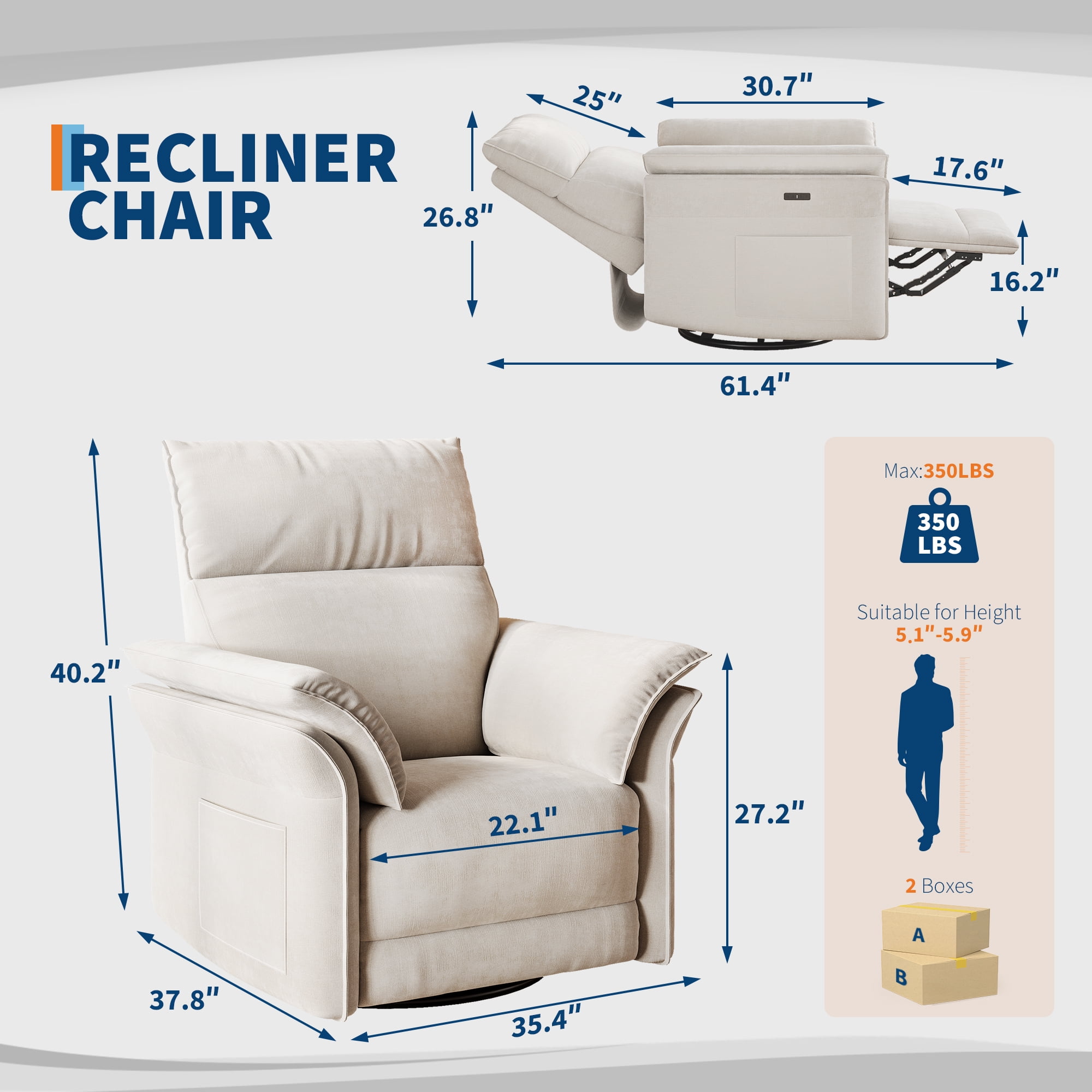 Power Recliner Chair Glider – Swivel Rocker with USB Charging Port, 270° Rotation, 350 lb Capacity, & Double-Layered Armrests – Chenille Upholstery for Living Room, Nursery, Bedroom