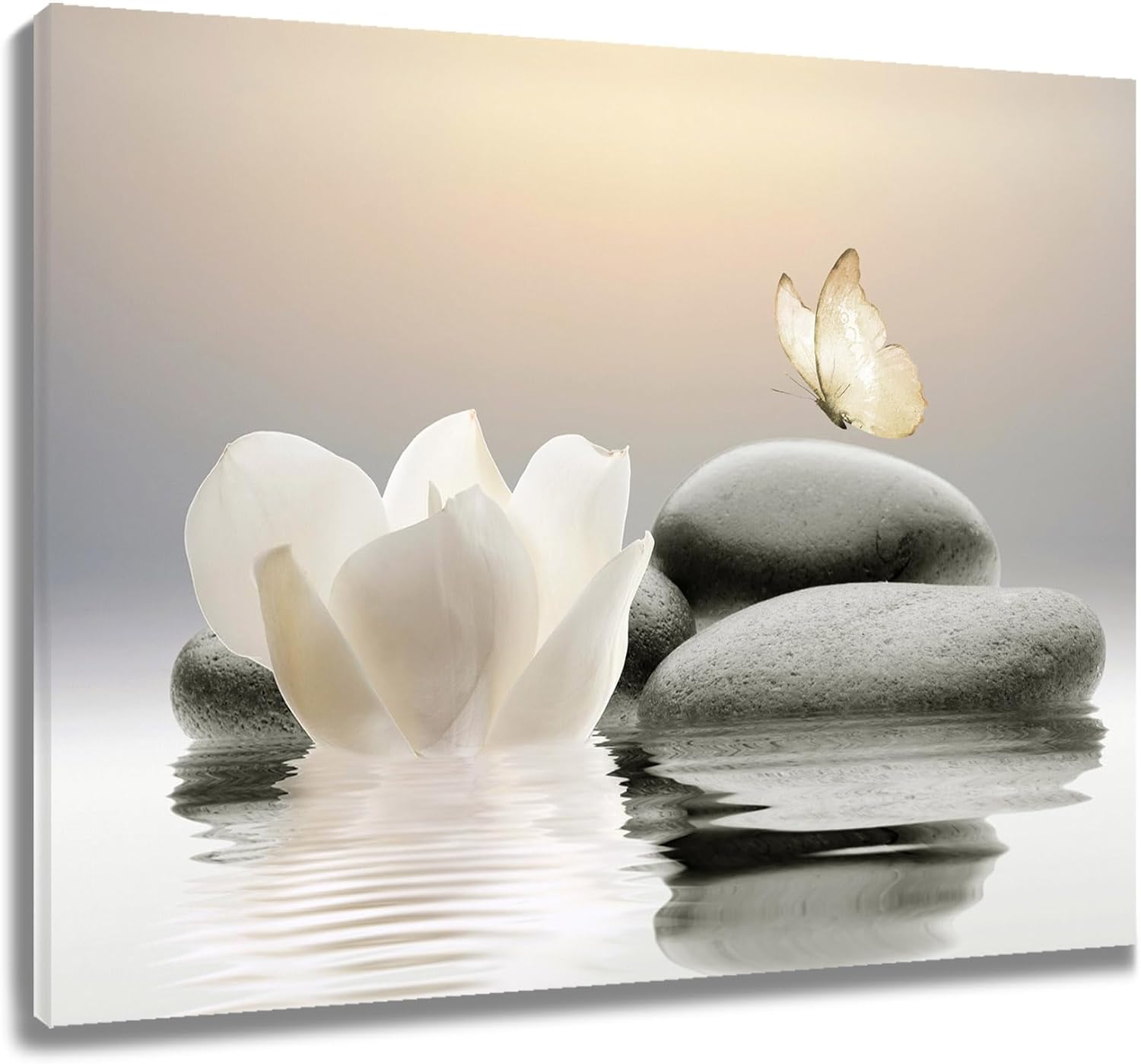 Zen Stone Canvas Wall Art White Flower and Yellow Butterfly on Lake Wall Art for Bathroom Living Room Bedroom Modern Spiritual Yoga Spa Picture Wall Decor Framed Bedroom Wall Art,16x12 Inches
