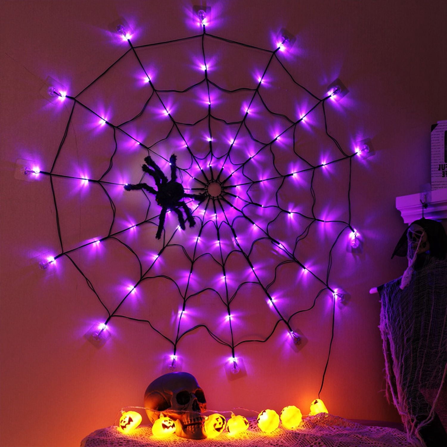 Halloween Spider Web Light, 3.28ft Diameter, 70 LEDs, 8 Modes, 10 Brightness Levels, Battery Powered, IP44 Waterproof with Remote & Timer