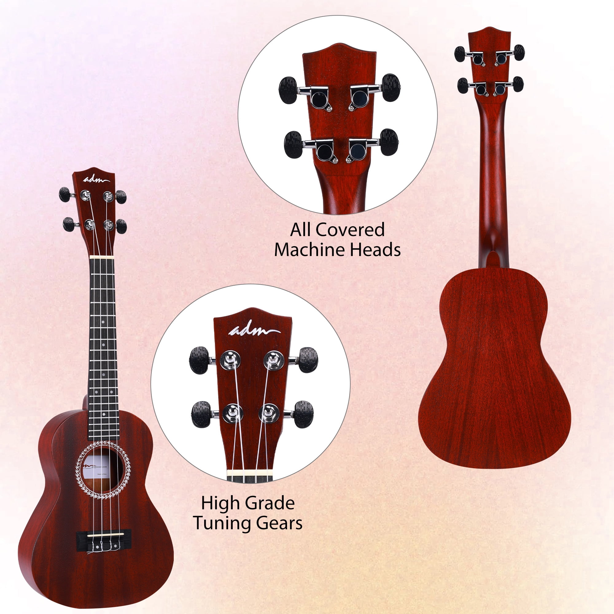 ADM Concert Ukulele 23'' Mahogany Hawaiian Ukulele Kit for Beginner Kid Adult with Free Lessons, Red