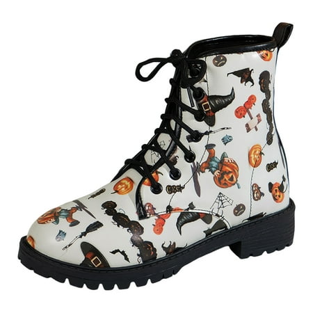

Boots for Women Fashion Square Heels Lace Up Shorties Cartoon Prints Round Toe Womens Ankle Boots