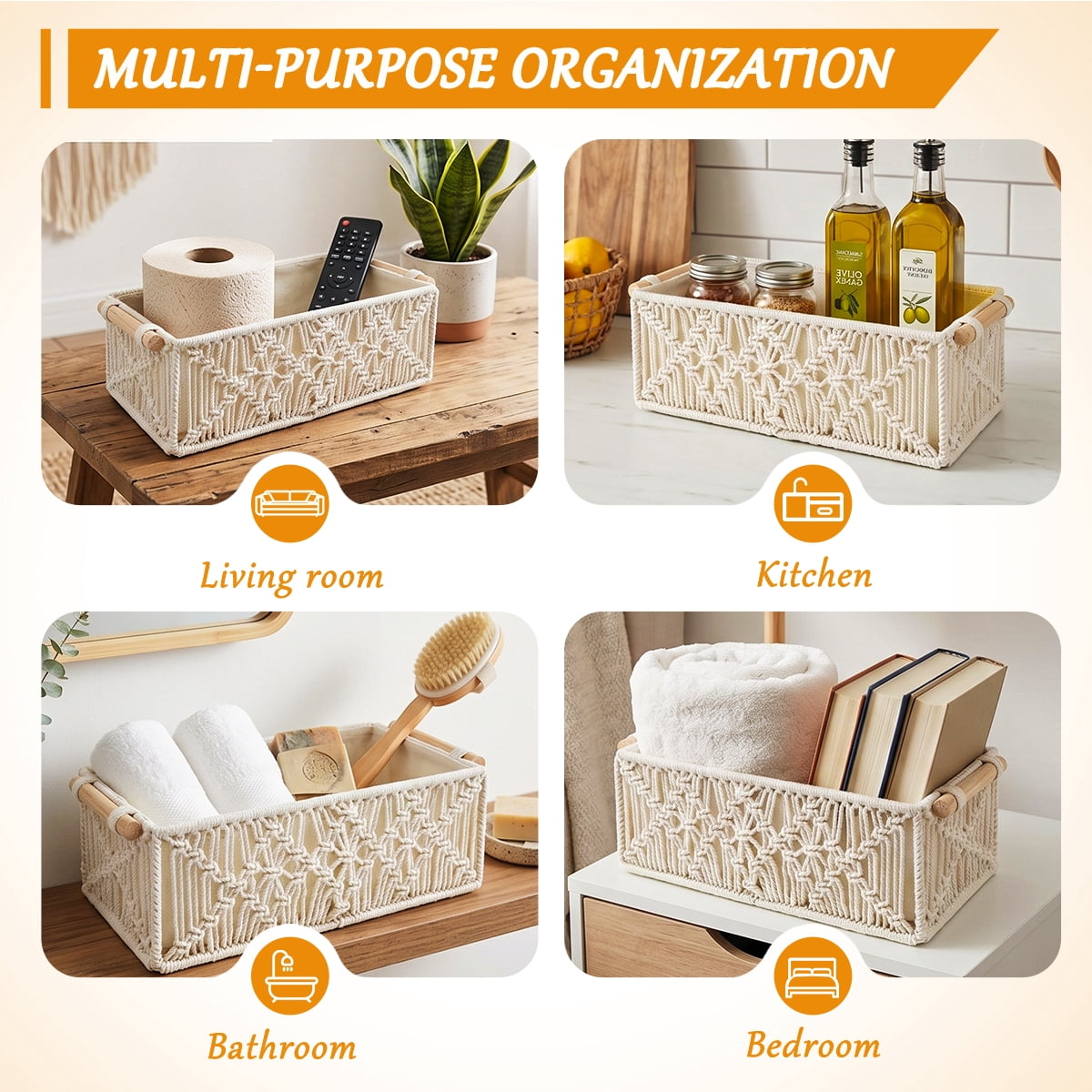 Macrame Storage Basket Set – Handwoven Boho Organizer for Bathroom Countertop, Toilet Tank & Shelves（Set of 2）