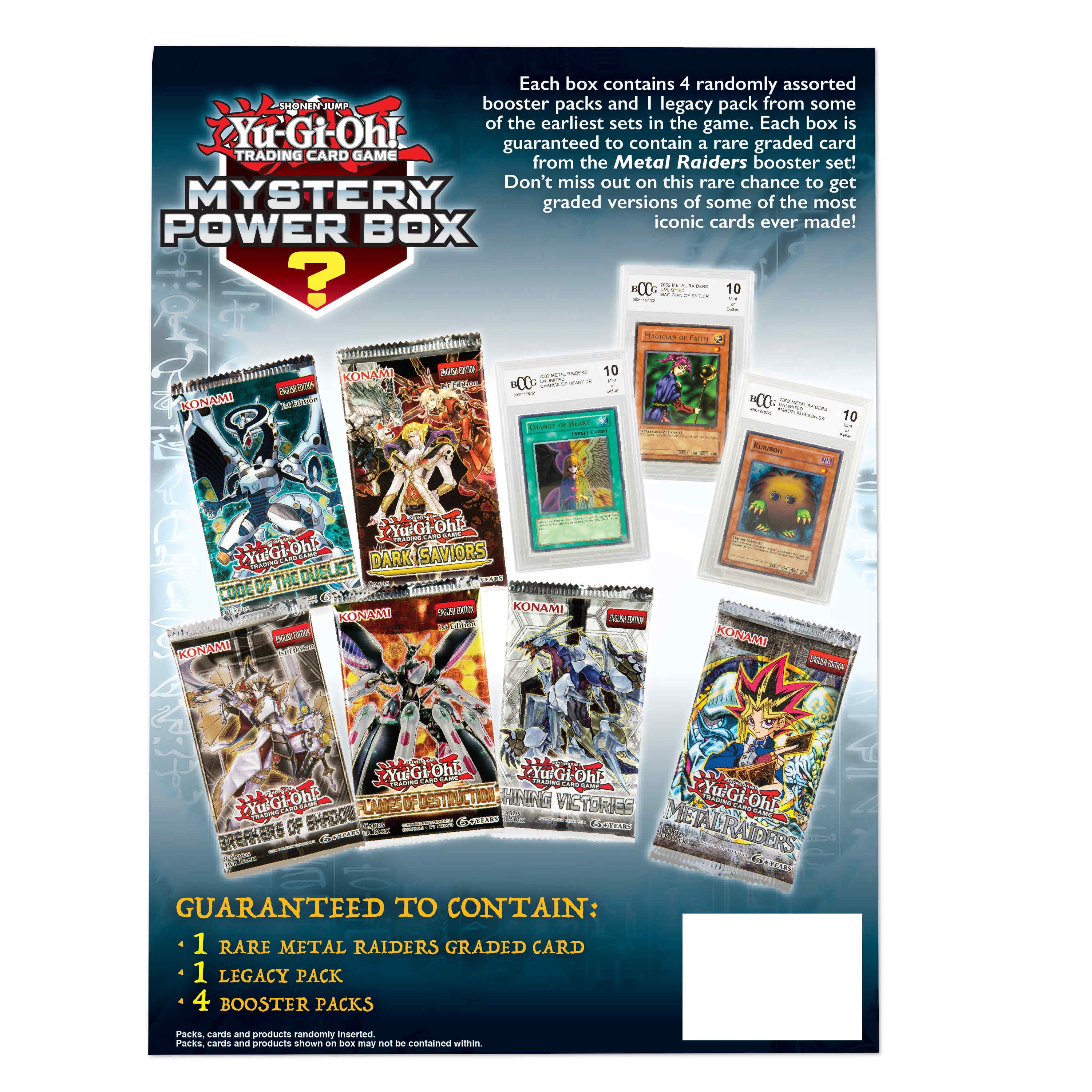 Yugioh Mystery Box 7- 1 Rare Metal Raiders Graded Card | 1 Legacy Pack | 4  Booster Packs