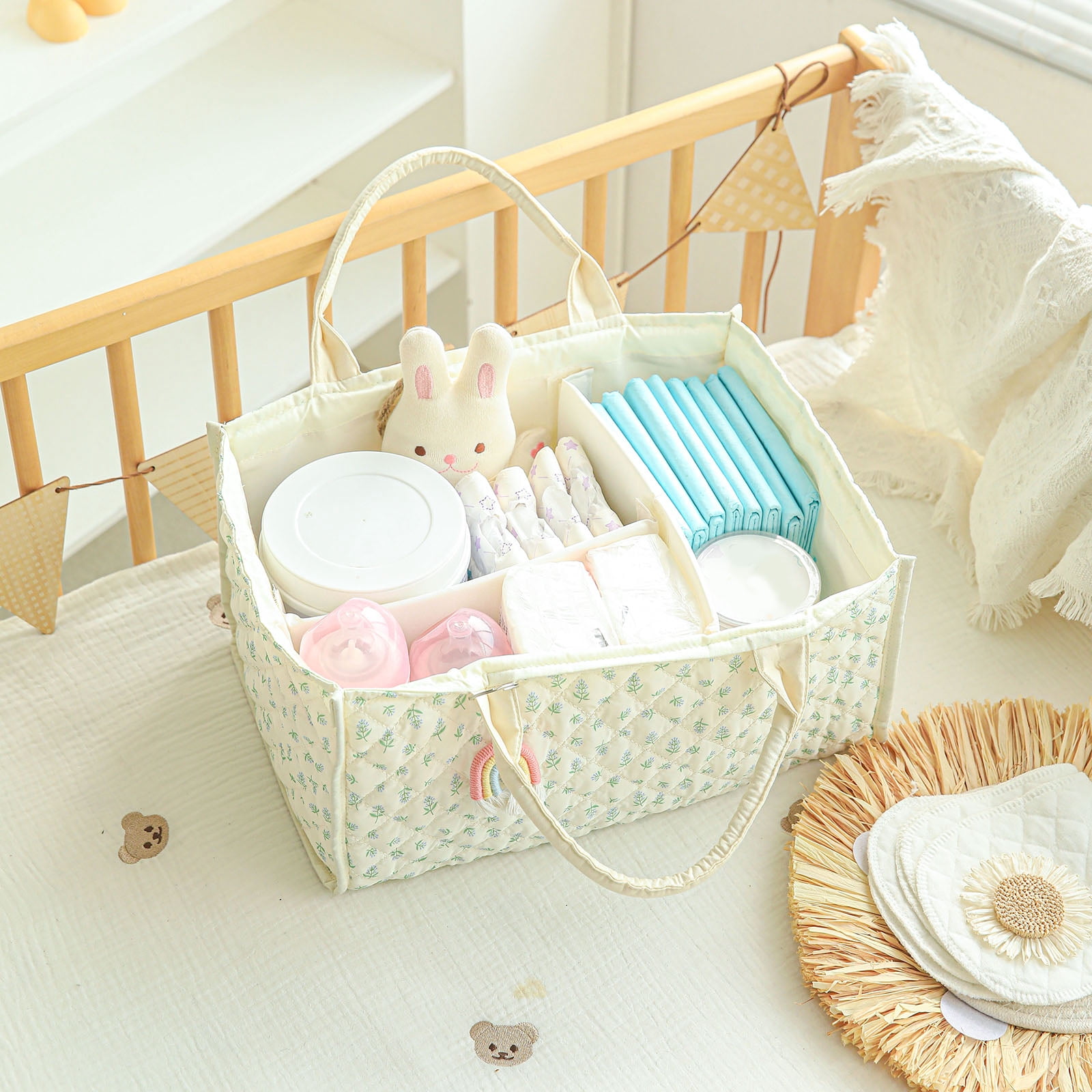 Baby Diaper Caddy Organizer, with Removable Divider Portable Stylish Nursery Storage Basket, Newborn Essentials, Newborn Caddie Car Travel，Botanical Floral