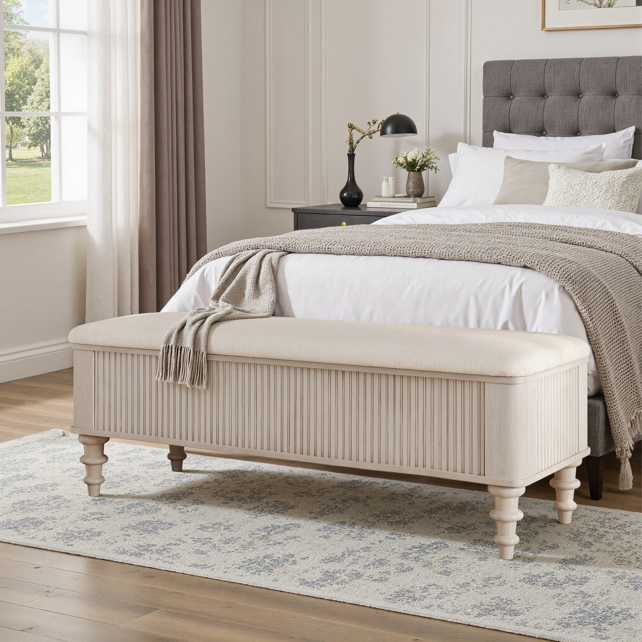 GDF Studio 50.8-Inch Storage Ottoman Bench with Linen Seat, Solid Rubberwood Frame, Beige