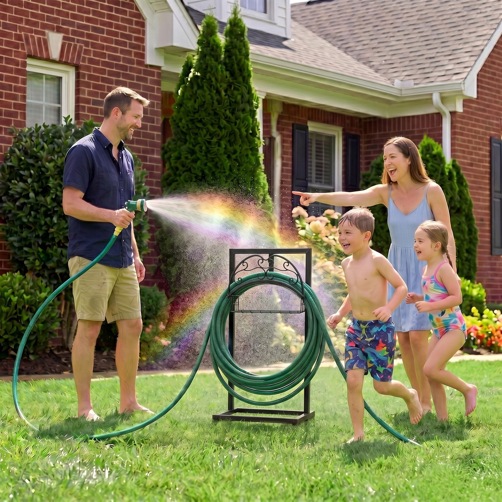 Garden Hose Holder, Water Hose Holder Stand with Storage Basket, Heavy Duty Freestanding Garden Hose Hanger Storage Rack with 4 Spikes for Outside Yard Lawn Farm, Black