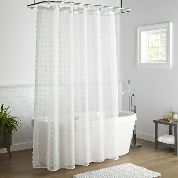 Lanco White Pom Pom Sheer Woven Shower Curtain, 72” x 72” 12 Buttonholes