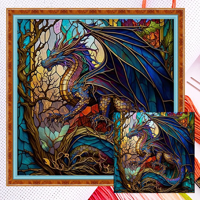 (11CTACC-2716__B__ 40x40) Hilo algodón ecológico bordado 11CT 3 hebras tela blanca 40*40cm pintura vidrio-Kit serie punto cruz pterosaurio