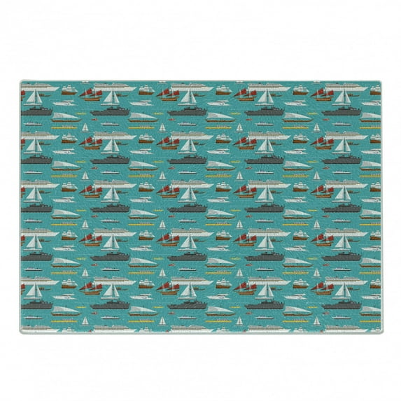 Nautical Cutting Board, Demonstration of Sea Transport Items Cruise Sailboat Ship Yacht, Decorative Tempered Glass Cutting and Serving Board, in 3 Sizes, by Ambesonne