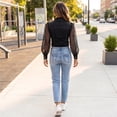thumbnail image 5 of Domzest Women’s Vintage Faux Denim Shirt Sheer Mesh Long Sleeve Denim Tops Button Down See Through Jean Top with Chest Pocket Black S, 5 of 7