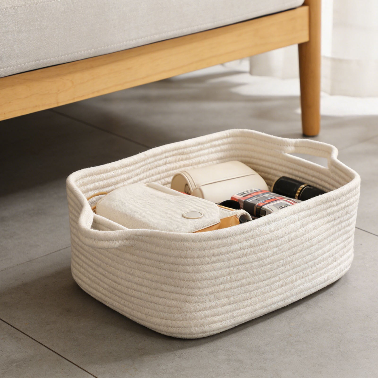 RUIKI 1Pc white rope basket, black storage bin, rectangular storage basket with handles, for toy, gift, storage