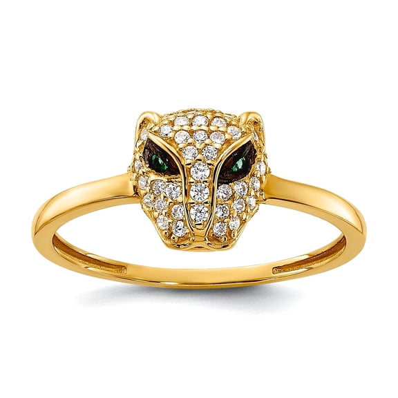 7.8mm 10k Solid Yellow Gold Polished Clear and Green Cubic Zirconia Lioness Head Ring Size 7.00 Ring for Women