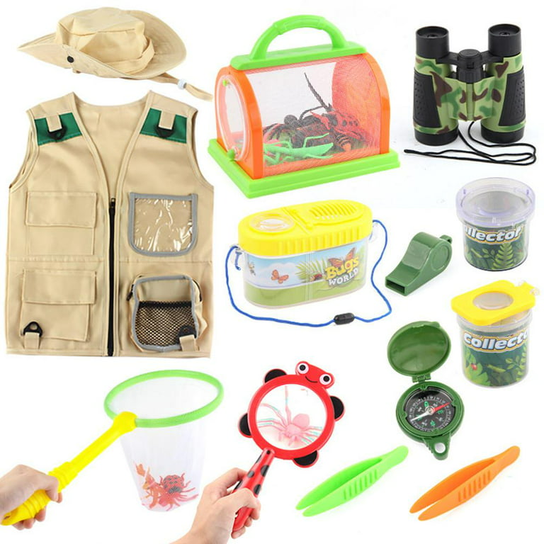 26Pcs Kids Outdoor Explorer Kit Bug Catching Kit Adventure Toys Pretend  Play Toys with Vest/Hat/Binoculars/Flashlight/Magnifying Glass/Compass
