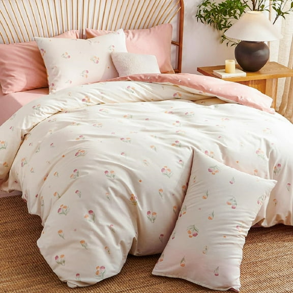 Pink Floral Duvet Cover Cotton Duvet Cover Set Flower Butterfly Comforter Cover Soft Breathable Twin Size