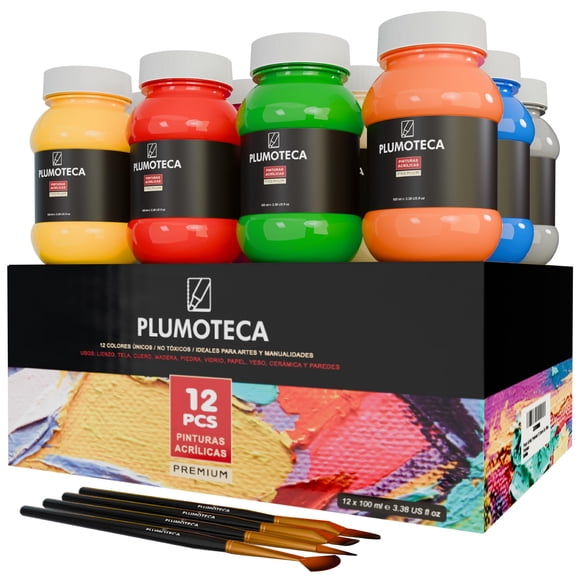 PLUMOTECA Pintura Acrilica Profesional Set de 12 colores 100ml Basicos y metalica para lienzo tela madera vidrio Para Artistas Negra Dorada Incluye 4 Pinceles (12 Basicos)