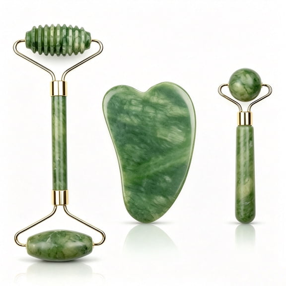 FORICOM 3 PCS Jade Face Roller & Gua Sha, Facial Beauty Roller Skin Care Tools, Self Care Gift for Men Women, Massager for Face, Eyes, Neck