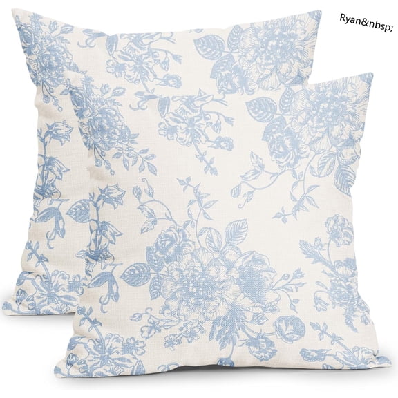 Ryan Baby Blue Pillow Covers 16x16 Inch Vintage Flower Decorative Throw Pillow Covers Set of 2 Chinoiserie Pillowcases Cotton Linen Square Cushion Covers for Couch Bed Sofa Chair