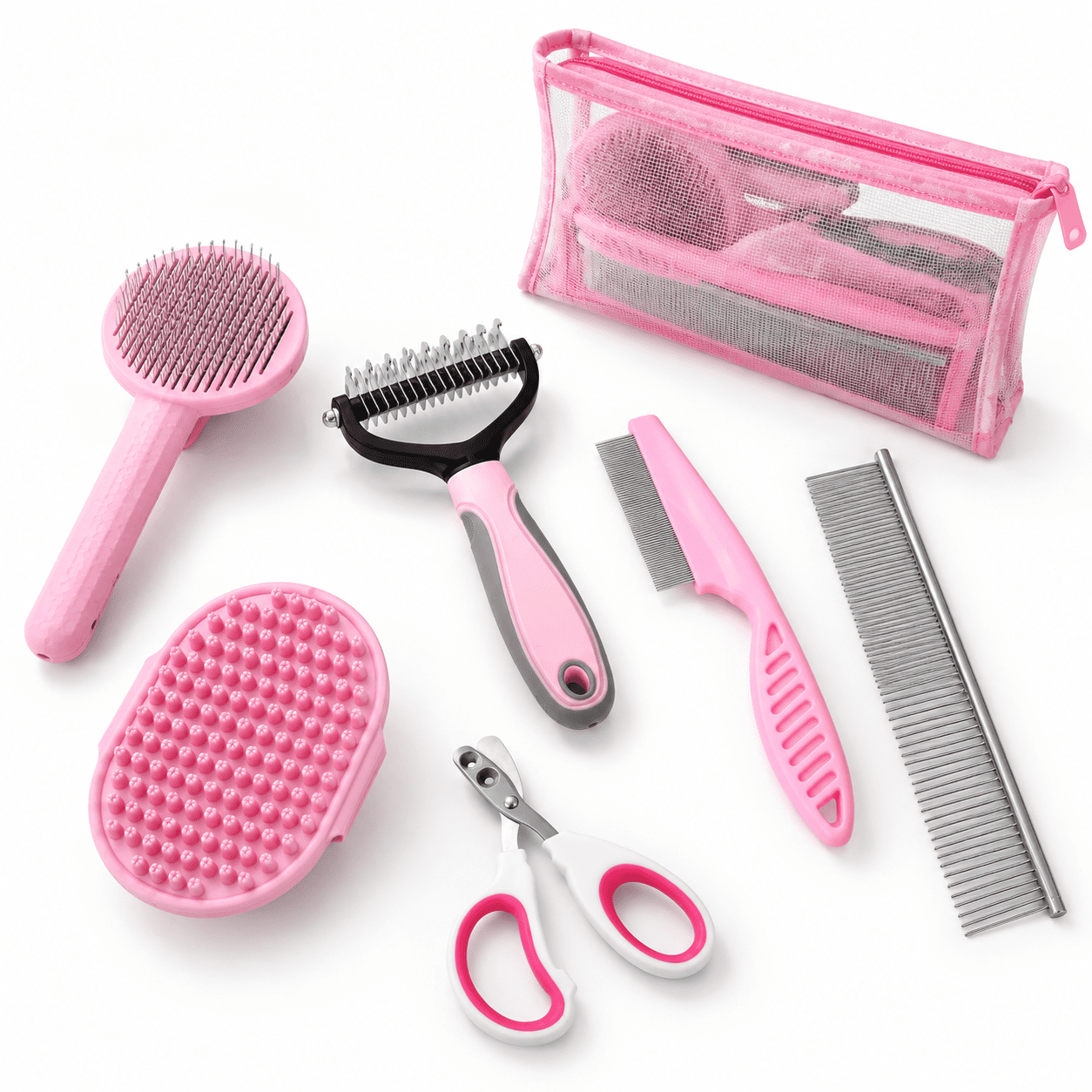 Pink 6-Piece Pet Brush Kit for Cats Deshedding Dematting Long or Short Hair