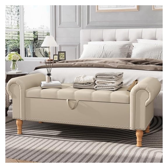 51”Storage Ottoman Bench, Soft Faux Leather Indoor Bench with Rolled Arm and Vintage Rivets, Large Storage Chest for Bedroom, Living Room, Entryway，Beige Natural Legs
