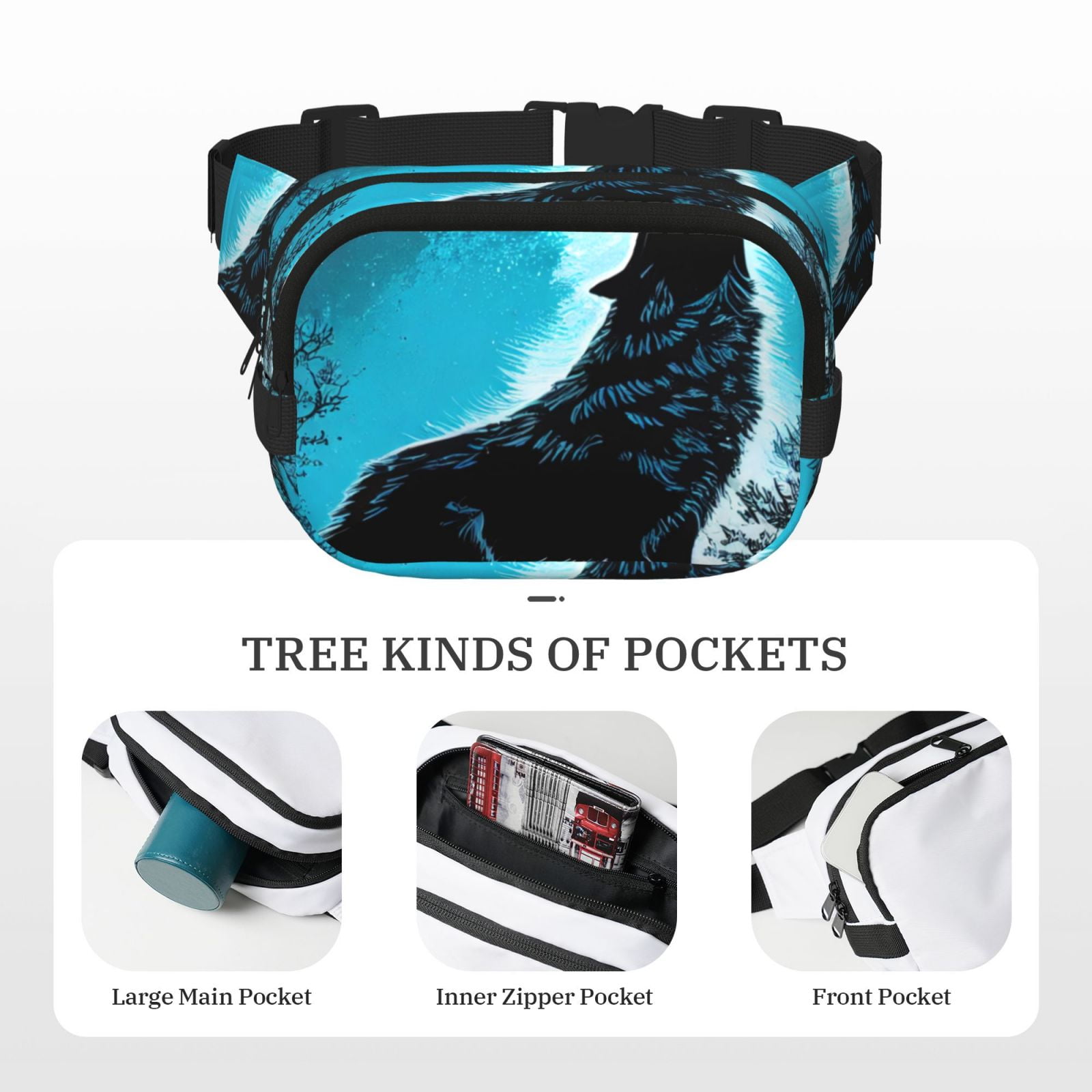 Picia Blue Full Moon Wolf Print Square Double-Layer Waist Bag Mini Adjustable Waist Belt Bag Exercise Running Travel Hiking
