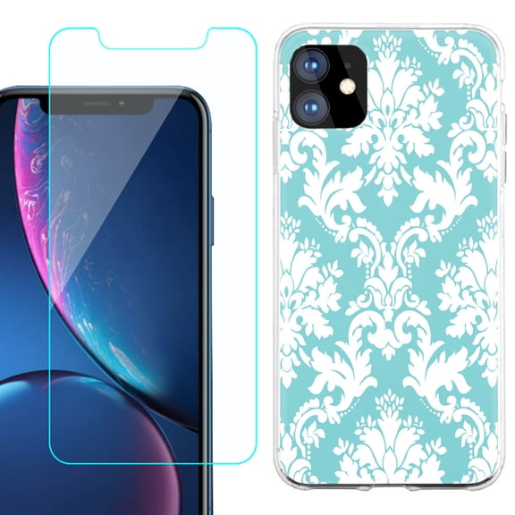For Apple iPhone 11 Case , Slim-Fit TPU Protective Phone Case with Tempered Glass Screen Protector, by OneToughShield ® - Victorian White/Teal