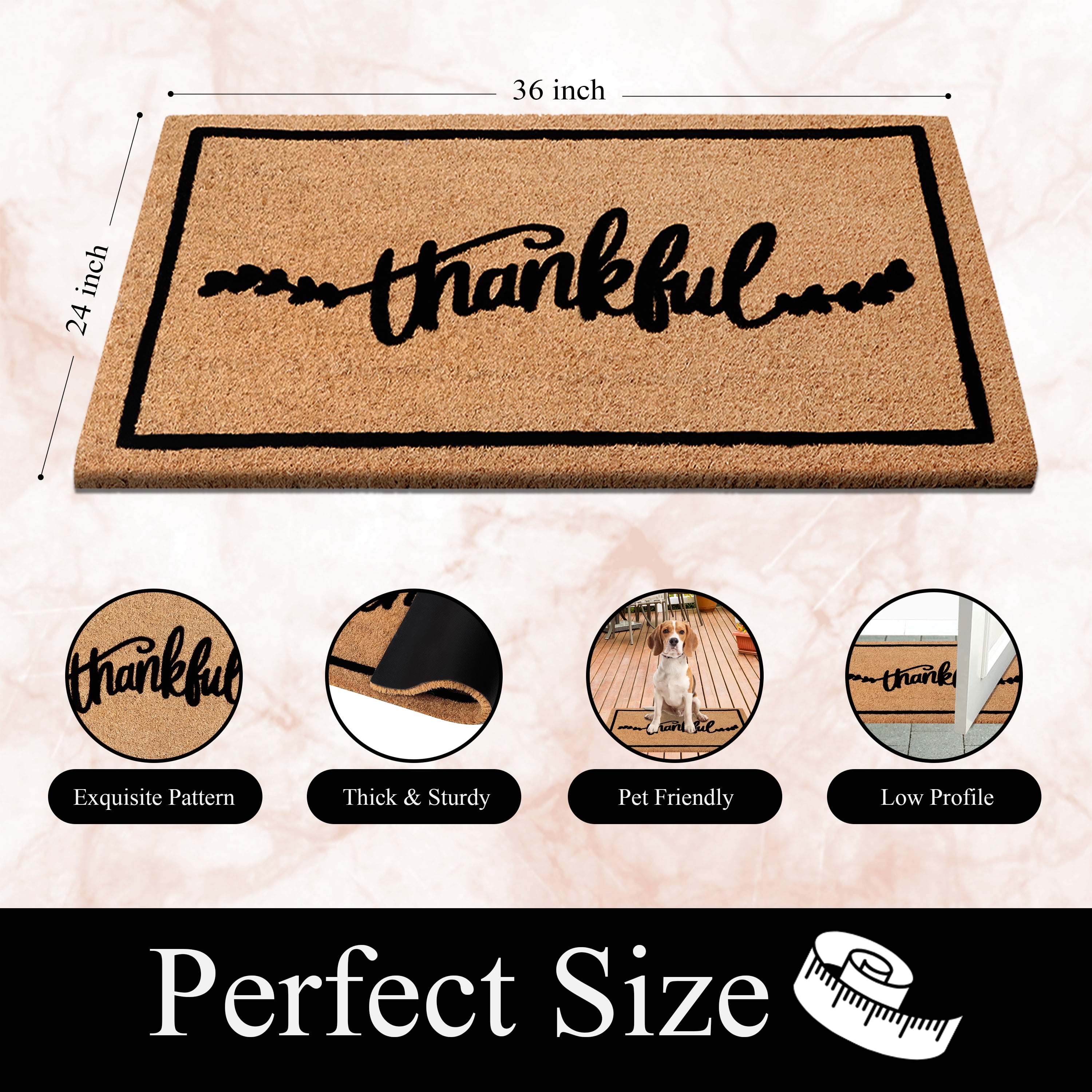A1HC Natural Coir Flocked Doormat, Thankful Black, 24"x36", Durable Outdoor Welcome Mat