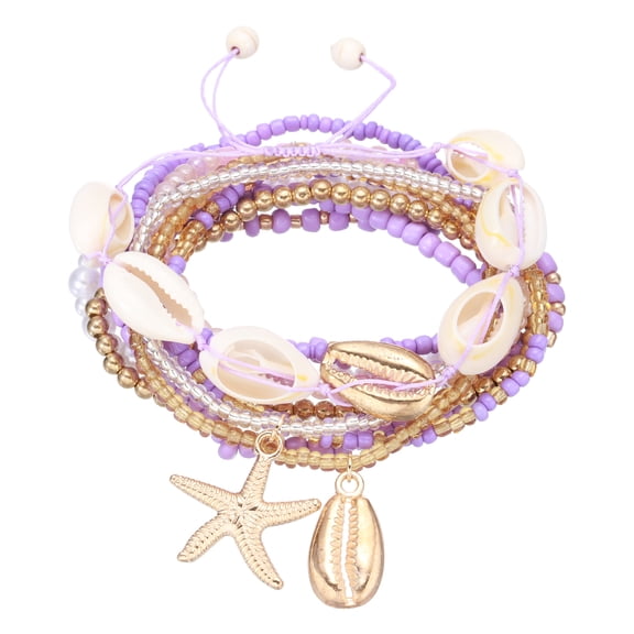 Uxcell Summer Beach Bracelets Bohemian Multi-Layer Seashell Starfish Beads Stretch Bracelet Set for Women Wristbands Jewelry Accessories Costume Gifts, Purple