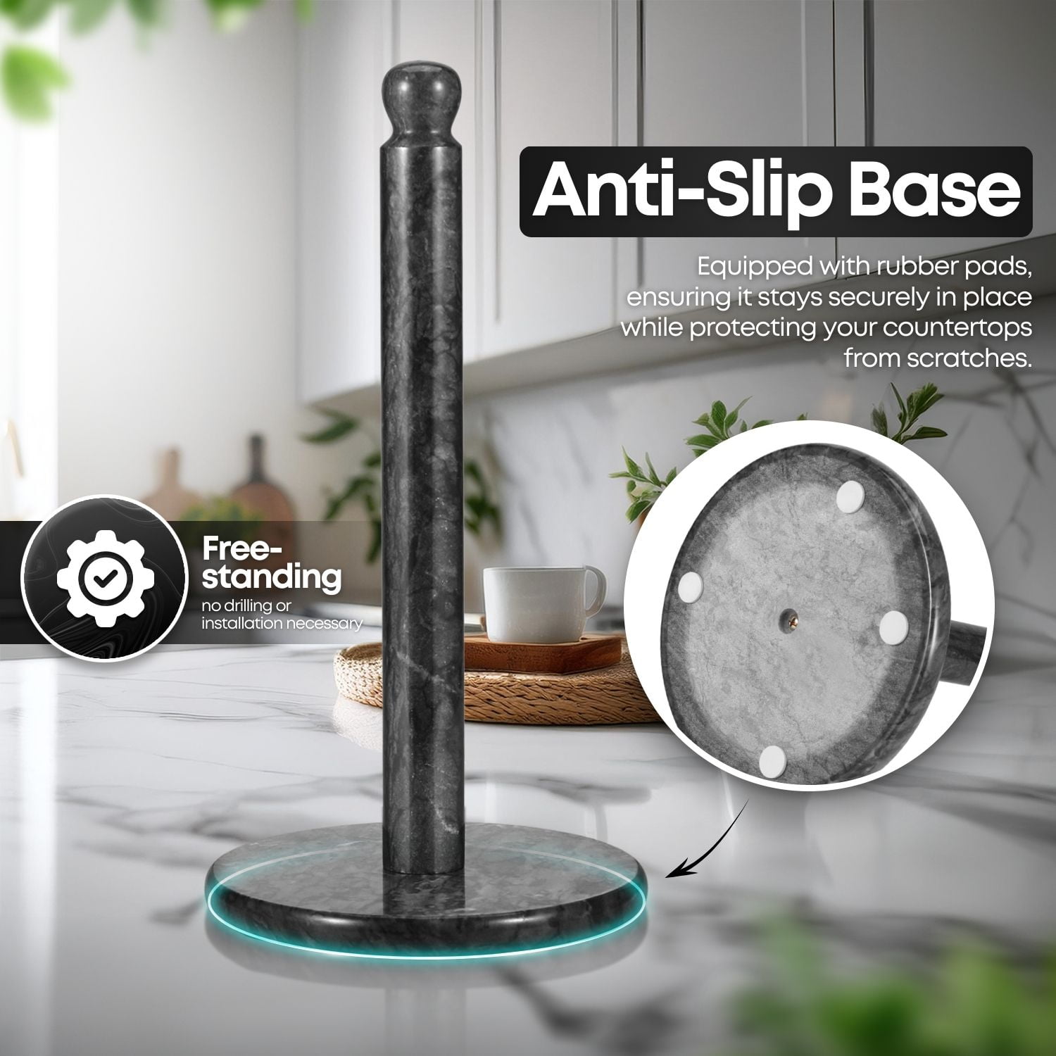 Marble Paper Towel Holder 12 inch (Black Marble) Kitchen Paper Towels Roll Dispenser Stand Rack with Marble Pole and Weight Base for Countertop Tables Home Dining Bathroom Storage