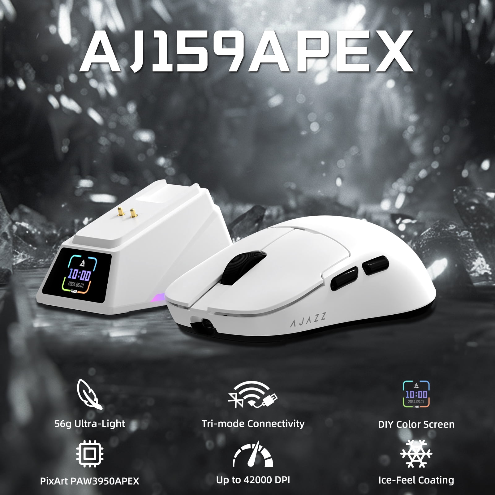 ATTACK SHARK x AJAZZ AJ159 APEX PAW3950 Triple Mode Gaming Mouse 8K Magnetic Charging Dock with Color Display Bluetooth/2.4G Wireless/Wired