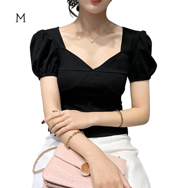 Camisa de mujer Blusa corta con cuello en V y manga corta con cuello en V Blusa informal, Negro, M kenally AP001254-02B