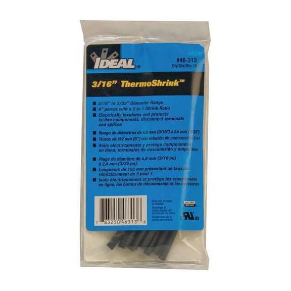 Ideal Shrink Tubing,6 in,Blk,0.205 in ID,PK10 46-313