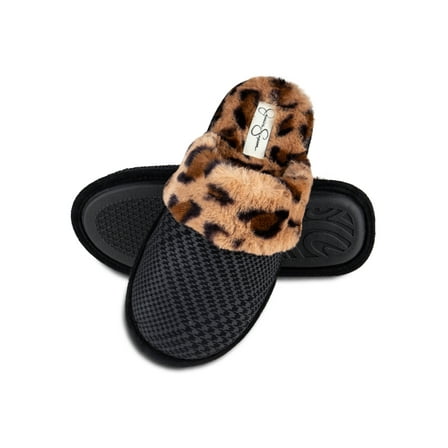 Jessica Simpson Womens Comfy Faux Fur Slip On Scuff House Slipper -  Memory Foam Anti-Skid Sole
