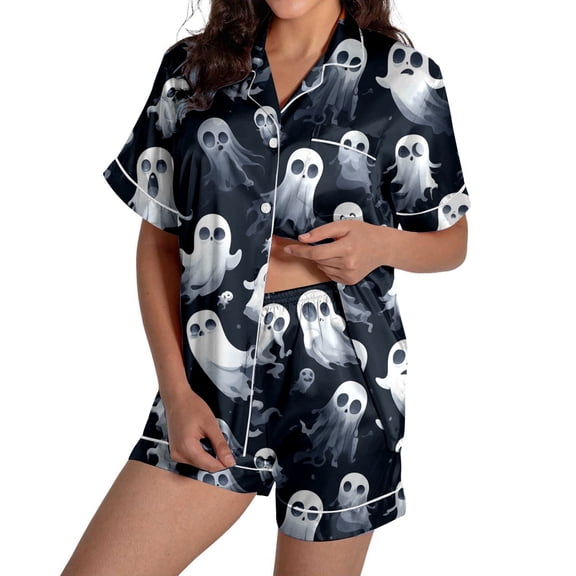 Womens Outfits Airy Halloween Print Short Sleeve Lapel Buttoned Pocket Top And Shorts 2 Piece At Home Wear Women's Clothing Sets XXL