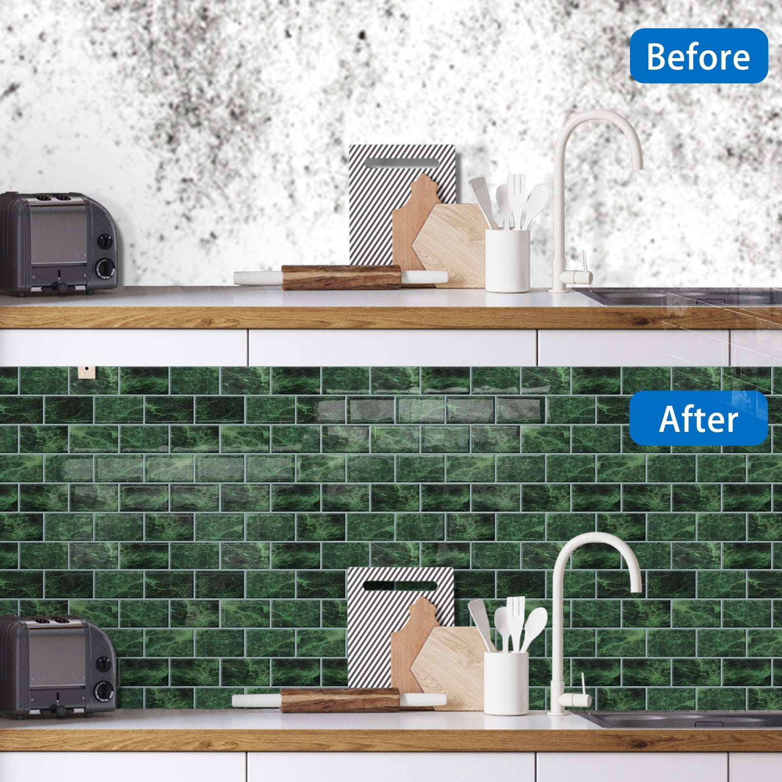 DEWOO Peel and Stick Backsplash - 10 Sheets of 12"×12" - 3D Adhesive Peel and Stick Tile Backsplash for Kitchen, Bathroom, Wall Tile, Green